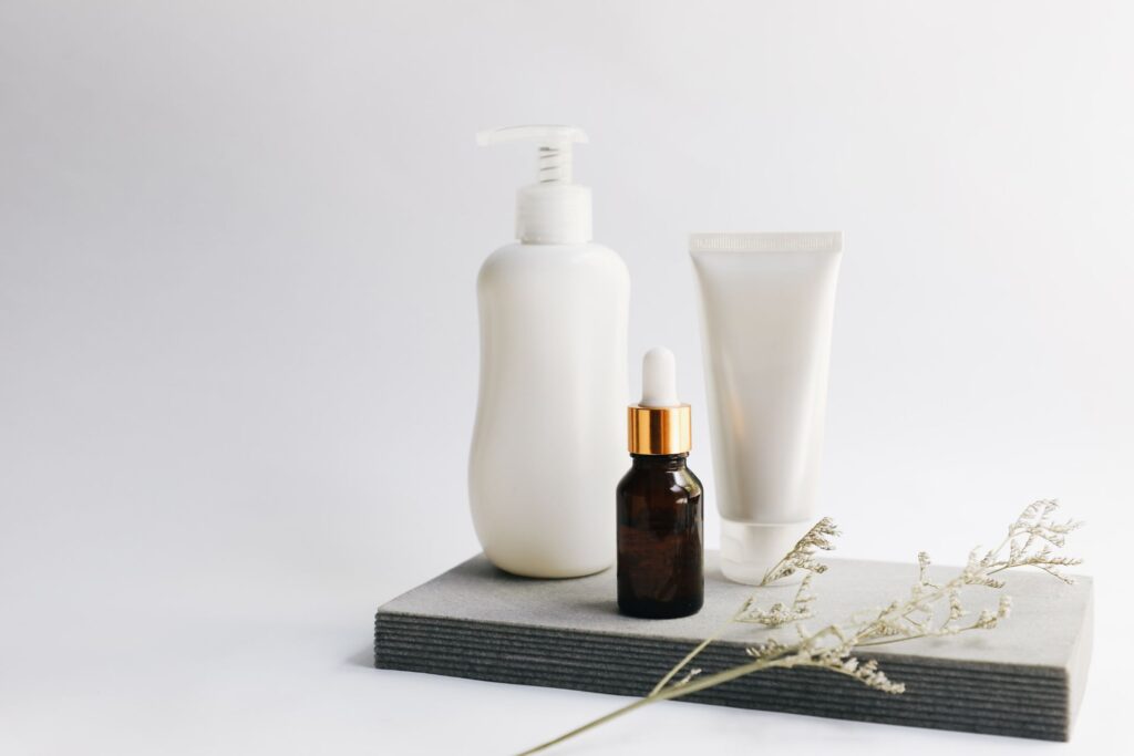 healthy morning habits - self care. bottles that often contain shampoo, conditioner, and essential oils